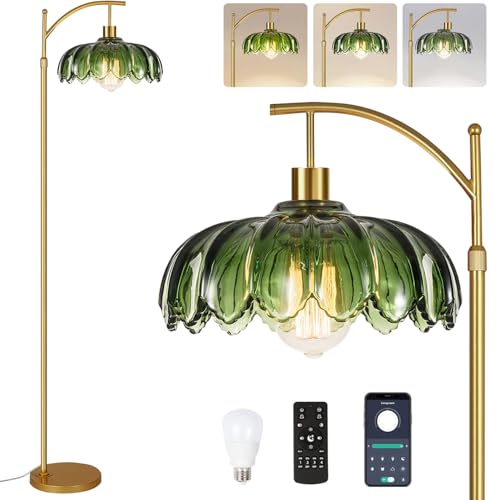 QIYIZM Gold Floor Lamp for Living Room,Bedroom,Mid Century Modern Standing Lamp with Remote,Dimmable Brass Tall Lamp Green Glass Lamp Vintage Retro Arc Floor Lamps Flower Floor Light Boho Bohemian - size: Floor Lamp--3