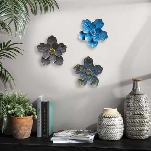 Metal Flower Wall Sculpture, 9.5" Blue Rustic Modern Artwork - color: 02C-Blue