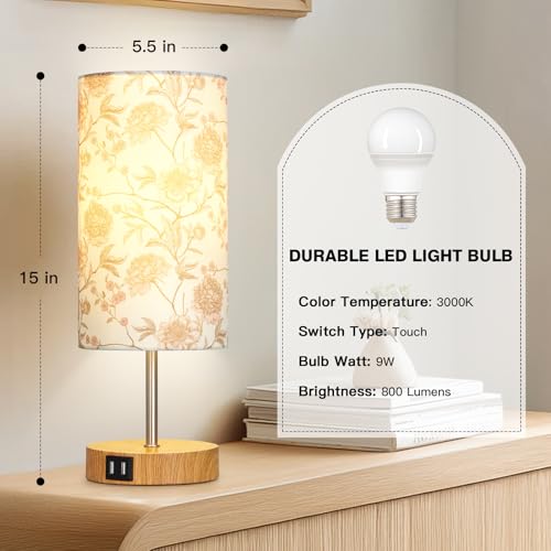 CINSARY Bedside Touch Lamp with Flower Fabric Shade, 3 Way Dimmable Wood Bedroom Lamp for Nightstand with 2 USB Charging Ports, Small Table Lamp for Living Room Reading Desk (LED Bulb Included) - color: Flower2-15" H
