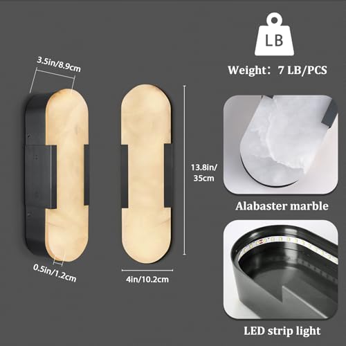 Alabaster Wall Sconces Set of 2, 13.8" Black Natural Marble Wall Sconce, Hardwired Bathroom Vanity Lights, Modern Indoor Wall Lighting for Bedroom, Living Room