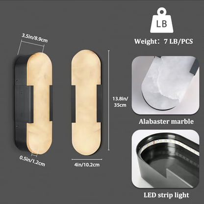 Alabaster Wall Sconces Set of 2, 13.8" Black Natural Marble Wall Sconce, Hardwired Bathroom Vanity Lights, Modern Indoor Wall Lighting for Bedroom, Living Room