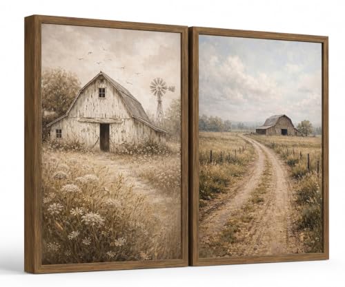 Farmhouse Wall Art Set of 2, Vintage Rustic Barn Landscape Canvas Prints - color: Yellow grass, size: 12x16 Inches