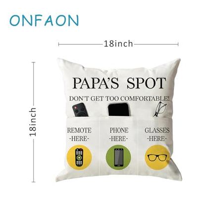 ONFAON Papa Gifts Throw Pillow Case, Papa's Spot Throw Pillow Covers 18 x 18 Inch,Put Phone Glasses and Remote Control Pillowcase,Birthday Christmas Thanksgiving Day Gifts for Papa Stepdad 3-Pocket - color: Papa 3-pocket