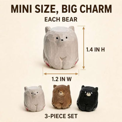 3 Pack Mini Sitting Wooden Bear Figurines, 1.4 Inch Desk Decor