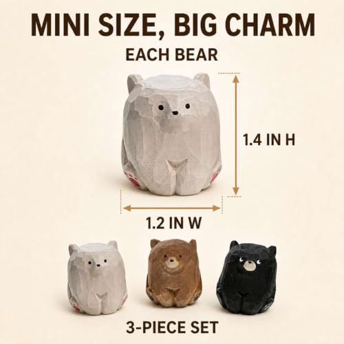 3 Pack Mini Sitting Wooden Bear Figurines, 1.4 Inch Desk Decor