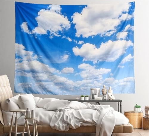 TUGCAY Blue Sky Tapestry White Cloud Tapestry Wall Hanging Ceiling Tapestries Clear Sunny Sky Clouds Backdrop Art Poster Wall Decor for Bedroom Living Room Dorm Kitchen Bathroom, 90x70 Inch - size: 90"L x 70"W