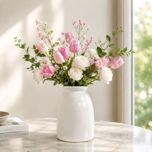 White Ceramic Vase for Flowers Modern Minimalist Table Centerpiece, Round Smooth Flower Holder for Living Room, Shelf, Mantel, Wedding & Home Decor-8.3" H - color: White-8.5inch