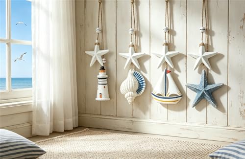 4Pcs Wooden Seashells/Star/Ships/Lighthouse Wall Hanging Decor, Farmhouse Rustic Coastal Themed Decorations for Home, Beach Wall Sign Nautical Decor for Bedroom, Living Room
