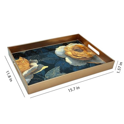 Serving Tray with Handles, 15.7 * 11.8 inches, Plastic Ottoman Tray with Exquisite Paintings, Trays for Coffee Table - color: Golden Rose Night