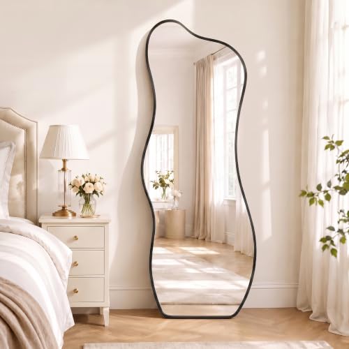 Irregular Wall Mirror Full Length with Stand, 63" x 24" Black Asymmetrical Wavy Floor Mirror, Full Body Standing Mirror, Leaning or Wall Mounted for Bedroom, Living Room & Entryway - color: Black - Organic Wave