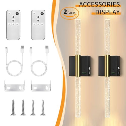 Battery Operated Sconces Set of 2, 28in Rechargeable Wireless Wall Lights - color: Black