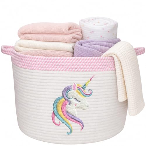 Unicorn Baby Storage Basket, Woven Cotton Rope Nursery Bin, 15x11 in - color: Unicorn