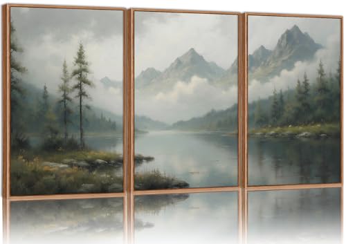 SIGNINART Large Green Forest Framed Canvas Wall Art Set, Misty Mountain Lake Wall Decor, Modern Foggy Wood Landscape Artwork, Nature Oil Painting Art Print for Living Room, Bedroom, Office 16"x24"x3 - color: Green, size: 24"L x 16"W