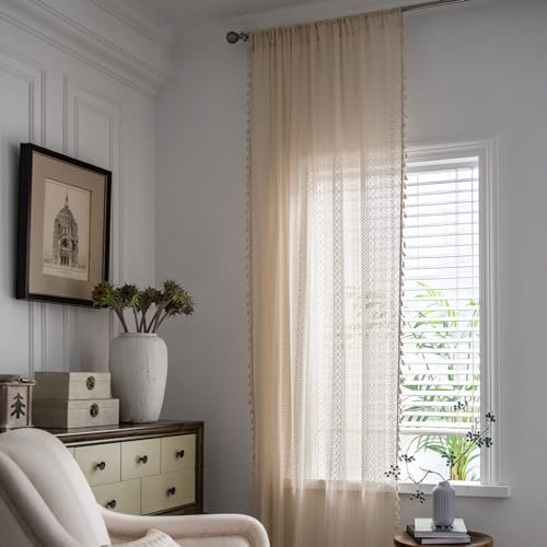 Sutuo Home Beige Boho Lace Sheer Curtains for Bedroom 59" W x 90" L,1 Panel - color: Beige Crochet, size: 59"W x 90"L (Pack of 1)