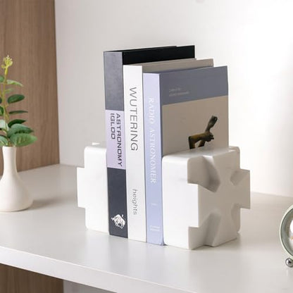 Decorative Square Marble Bookends for Heavy Books – Unique Book Ends for Shelves – Modern Aesthetic Book Holder/Stopper with Non-Slip Pads for Chic Home, Office, or Library Decor, White - style: Square-White