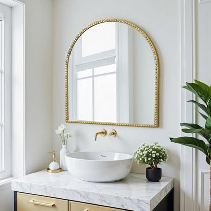33"x 31"Arched Dresser Mirror, Antique Gold Wall Mirror Metal Beaded Frame for Living Room, Bedroom, Entryway, Bathroom