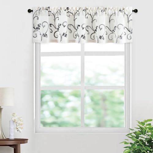 VOGOL Gray Leaf Embroidered Linen Textured Valance, 60 x 14, 1 Panel - color: Grey, size: 60"W x 14"L (Pack of 1)
