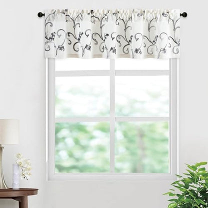 VOGOL Gray Leaf Embroidered Linen Textured Valance, 60 x 14, 1 Panel - color: Grey, size: 60"W x 14"L (Pack of 1)