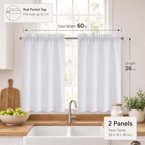 Chyhomenyc 2 Panels White Kitchen Curtains 36 Inch Length Tier Curtain - color: White, size: 30"W x 36"L (Pack of 2)