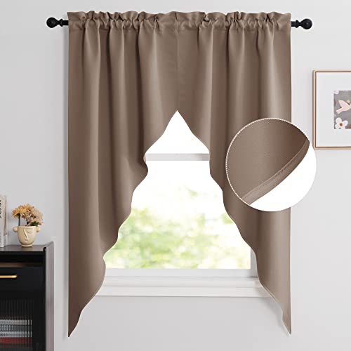 NICETOWN Blackout Pole Pocket Kitchen Tier Curtains - Tailored Scalloped Valances/Swags for Living Room/Thanksgiving (Cappuccino, 2 Panels, 36" W X 63" L Each Panel) - color: Cappuccino, size: 36"W x 63"L (Pack of 2)