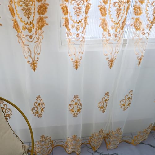 Amidoudou Rod Pocket Curtains European Luxury Sheer Embroidered Window Screening for Living Room Bedroom Tulle Curtains (Gold,52" W x 84" L (Pack of 2)) - color: Gold, size: 52"W x 84"L (Pack of 2)