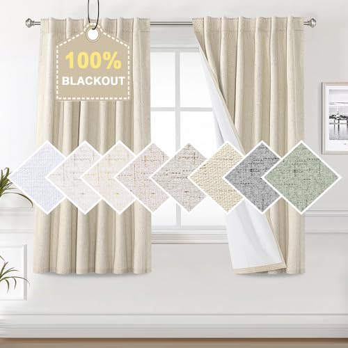 H.VERSAILTEX Faux Linen 100% Blackout Curtains for Bedroom 63 inches Long Thermal Insulated Textured Linen Look Curtain Back Tab/Rod Pocket/Hook Belt Draperies 2 Panels, 52 x 63 Inch，Bleached Sand - color: Bleached Sand, size: 52"W x 63"L (Pack of 2)