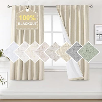 H.VERSAILTEX Faux Linen 100% Blackout Curtains for Bedroom 63 inches Long Thermal Insulated Textured Linen Look Curtain Back Tab/Rod Pocket/Hook Belt Draperies 2 Panels, 52 x 63 Inch，Bleached Sand - color: Bleached Sand, size: 52"W x 63"L (Pack of 2)