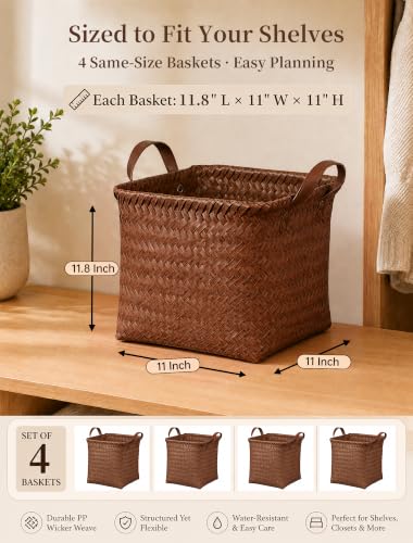 Wicker Storage Baskets, 4 Pack Woven Baskets for Shelves, Brown - color: Square Brown