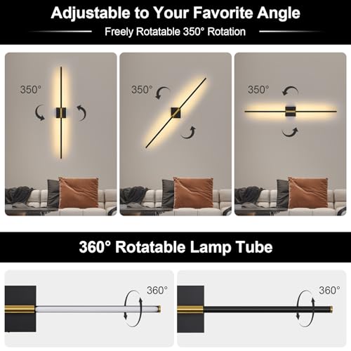 Battery Operated Wall Sconce Set of Two with Remote Control, 3000K-6000K Dimmable Black Gold Wall Lights, Timable LED Wireless Wall Sconces, 350° Ratate for Bathroom, Living Room, 39.4 Inch - color: Black & Gold, size: 39.4in(2 Pack)