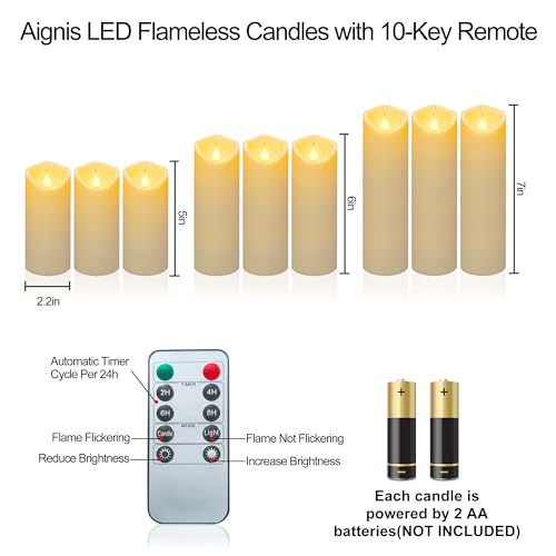 Aignis 9pcs Flameless LED Candles Battery Operated with 10-Key Remote & Timer, Indoor Heat Resistant, 3D Wick with Warm Flickering Glow for Cozy Home/Wedding/Holiday Décor (D 2.2" x H 5"/6"/7") - size: D 2.2" * H 5"/6"/7"