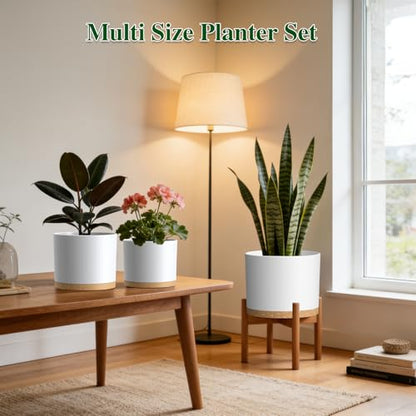 Plant Pots, 10/9/8 Inch 3 Pack Cylindrical Flower Pots with Drainage Holes and Saucers, Plastic Planters for Outdoor Indoor Plants,White Brown - color: White With Brown