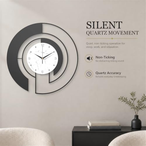 18-Inch Modern Black Metal Wall Clock, Marble Patterned Glass Dial - color: Black