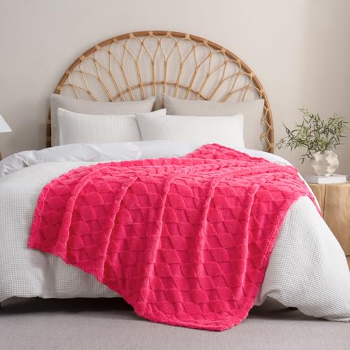Hot Pink Fleece Throw Blanket for Couch Sofa 50”x60” with Diamond Checkered - color: Hot Pink, size: Throw(50"x60")