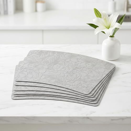 Faux Leather Set of 6, Placemats with Carving Floral Design - color: Gray