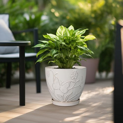MPotTo 10 Inch Plant Pot, Ceramic Planter Pot, White - color: Butterflies and Flowers White