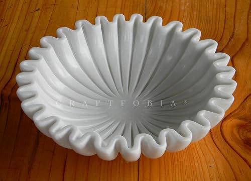 HandCrafted Marble Bowl/Antique Scallop dish/Fruit bowl/Vintage Ring Dish/marble decor Decorative Ruffle Flower scalloped Bowls/HouseWarming Wedding Gift/Urli (8 inches) - size: 8 inches