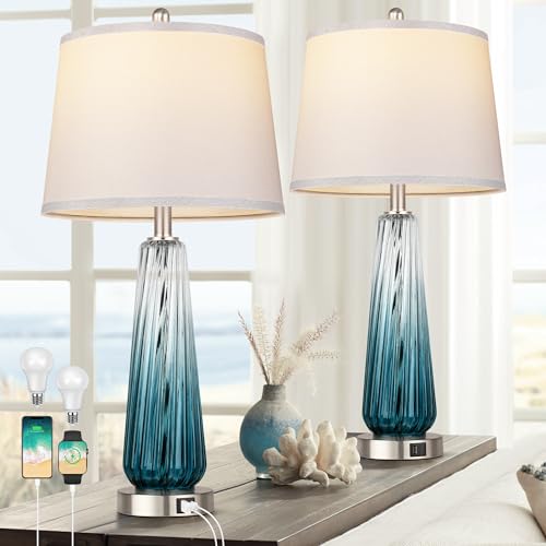 Table Lamps Set of 2 with Touch Control, Modern Glass Bedside Lamps with USB A+C Ports, 3-Way Dimmable Nightstand Lamp with White Fabric Shade, 27.5" Large Lamps for Living Room Bedrooms Decorations - color: Teal