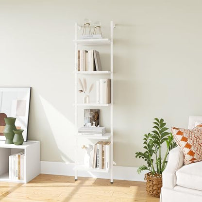 ELYKEN Ladder Shelf, 5-Tier Wood Wall Mounted Ladder Bookshelf - color: White