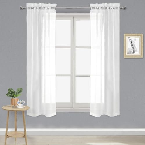 DWCN White Sheer Curtains 63 Inch Long for Living Room Rod Pocket 2 Panels - color: White, size: 28"W x 63"L (Pack of 2)