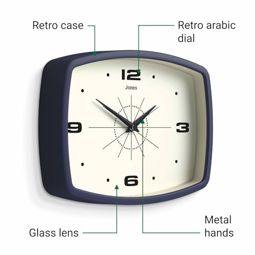 JONES CLOCKS® Movie wall Clock | Rectangular Retro Clock | 10" | Navy Blue - color: Midnight Blue