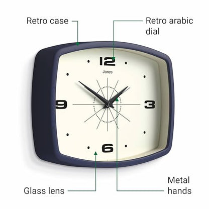 JONES CLOCKS® Movie wall Clock | Rectangular Retro Clock | 10" | Navy Blue - color: Midnight Blue