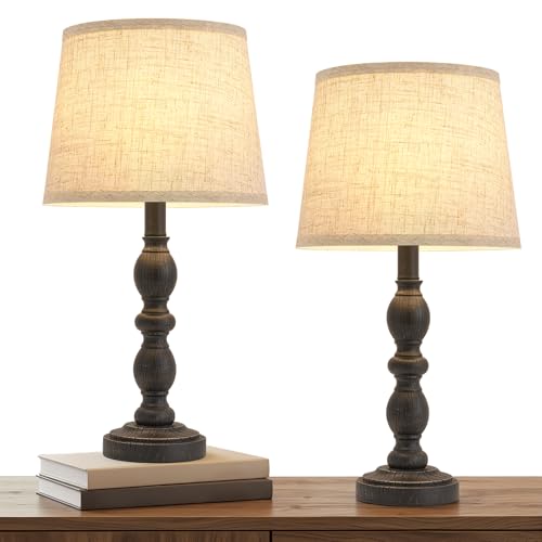 Table Lamps Set of 2, 20.5" Rustic Farmhouse Bedside Lamps with Linen Shade - color: Black