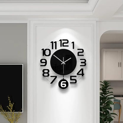 3D Numbers Modern Wall Clock with Pendulum, Silent Non-Ticking Battery Operated Decorative Wall Clock for Living Room Bedroom Kitchen Office