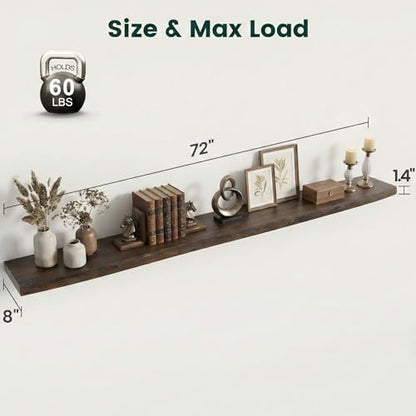 72in Live Edge Solid Elm Floating Shelves, Walnut, Set of 1 - color: Walut Color, size: Live Edge 72 inch, 1Pack