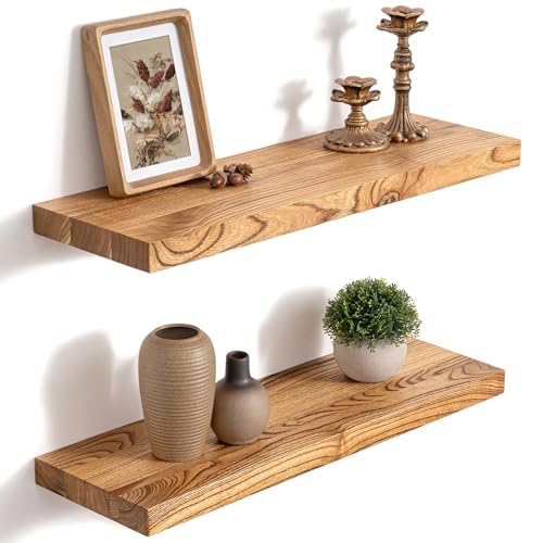 RICHFOCUS 24inch Natural Floating Shelves for Wall, 8" Deep High End Solid Real Wood Wall Shelves for Bathroom, Rustic Wooden Floating Shelves with Invisible Brackets for Books Storage Decor, Set of 2 - color: Natural, size: 24inch