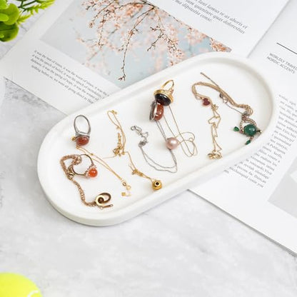CHISELED ST DF SK Elegant Ivory White Natural Marble Oval Tray 10x4.7 Inches for Bathroom Countertop, Vanity Jewelry & Perfume Organizer, Aesthetic Home Decor Accent