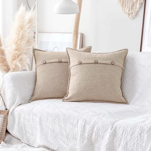 Home Brilliant Decorative Pillow Covers Textured Burlap Button Pillowcases Farmhouse Holiday Lined Linen Cushion Covers for Couch Living Room, Set of 2, 18x18 inches, Light Linen - color: Light Linen, size: 18" x 18" (Pack of 2)