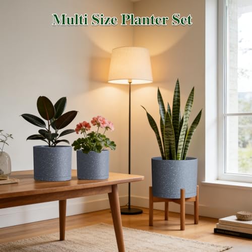 Plant Pots, 10/9/8 Inch 3 Pack Cylindrical Flower Pots with Drainage Holes and Saucers, Plastic Planters for Outdoor Indoor Plants,Grey with White Speckles - color: Grey With White Speckles