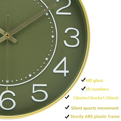 HZDHCLH 12 Inch Modern Wall Clock Battery Operated Silent Non Ticking - color: Green and Gold, size: 12 Inch