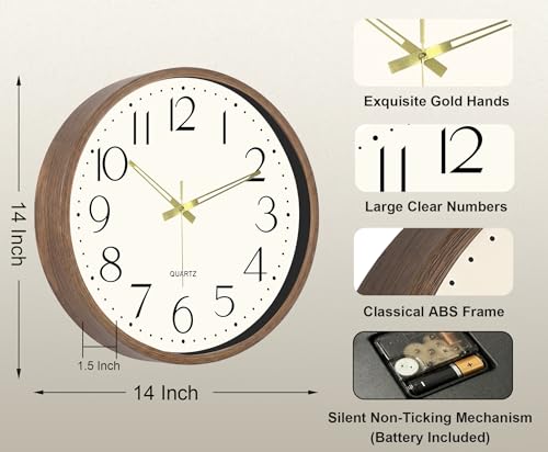 2 Pack 14 Inch Wall Clock, Silent Analog Clock Battery Operated - color: Brown Wood Grain, size: 14In-2Pcs
